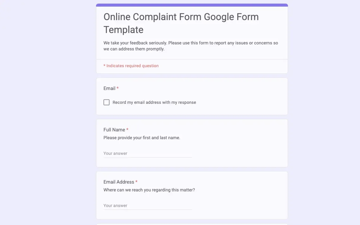 Preview of Online Complaint Form Google Form Template