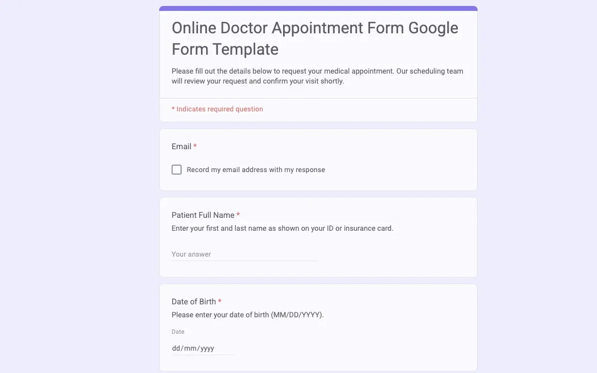 Preview of Online Doctor Appointment Form Google Form Template