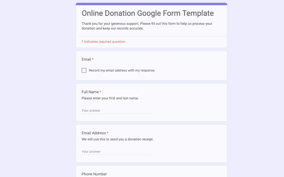 Preview of Online Donation Google Form Template