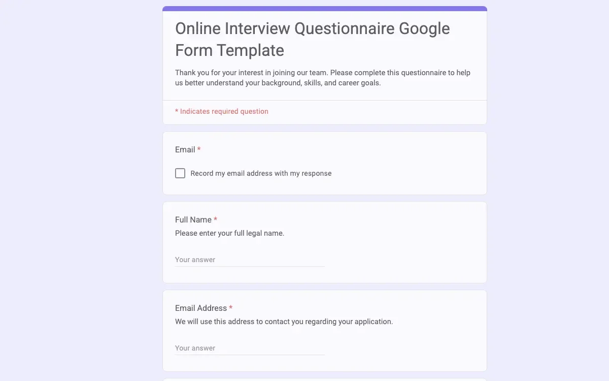 Preview of Online Interview Questionnaire Google Form Template