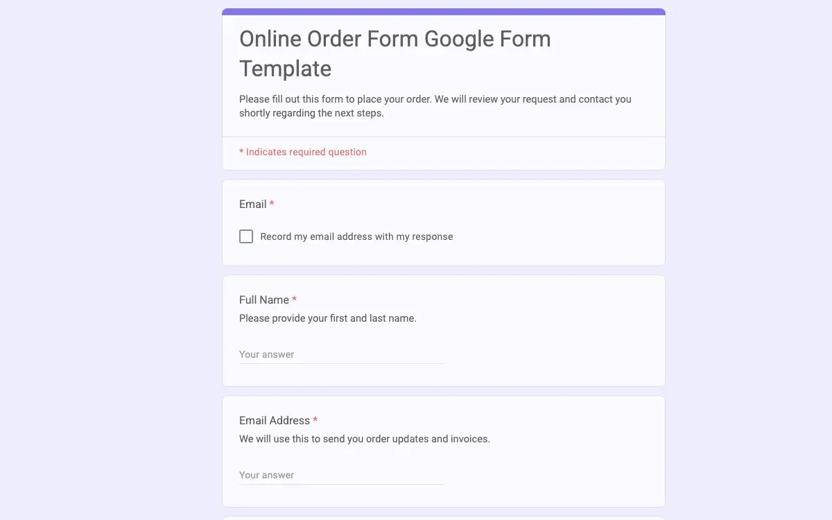Preview of Online Order Form Google Form Template