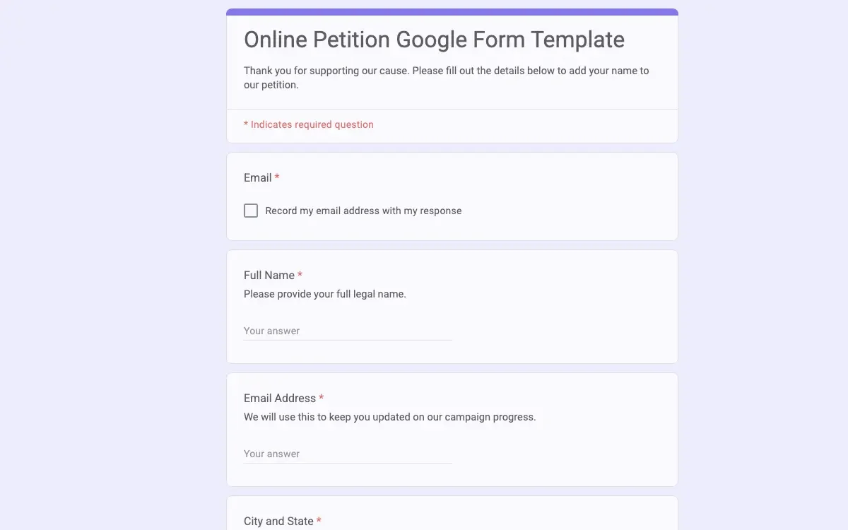 Preview of Online Petition Google Form Template