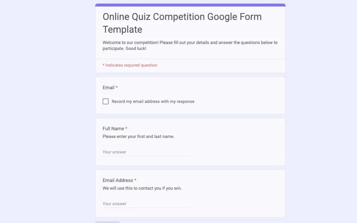 Preview of Online Quiz Competition Google Form Template