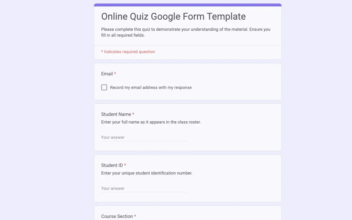 Preview of Online Quiz Google Form Template
