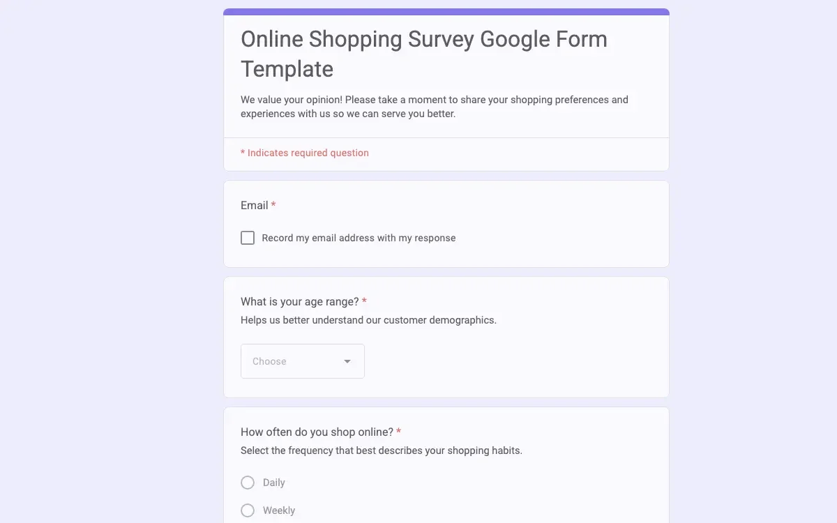 Preview of Online Shopping Survey Google Form Template