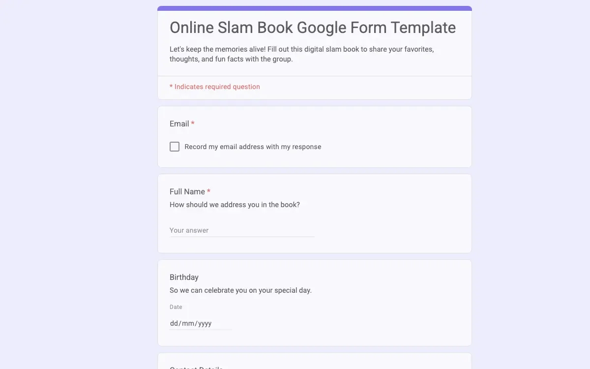 Preview of Online Slam Book Google Form Template