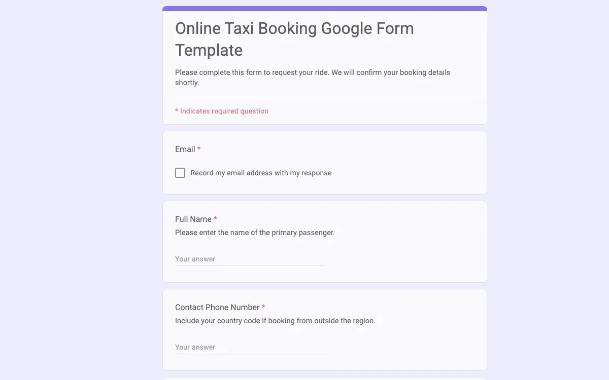 Preview of Online Taxi Booking Google Form Template