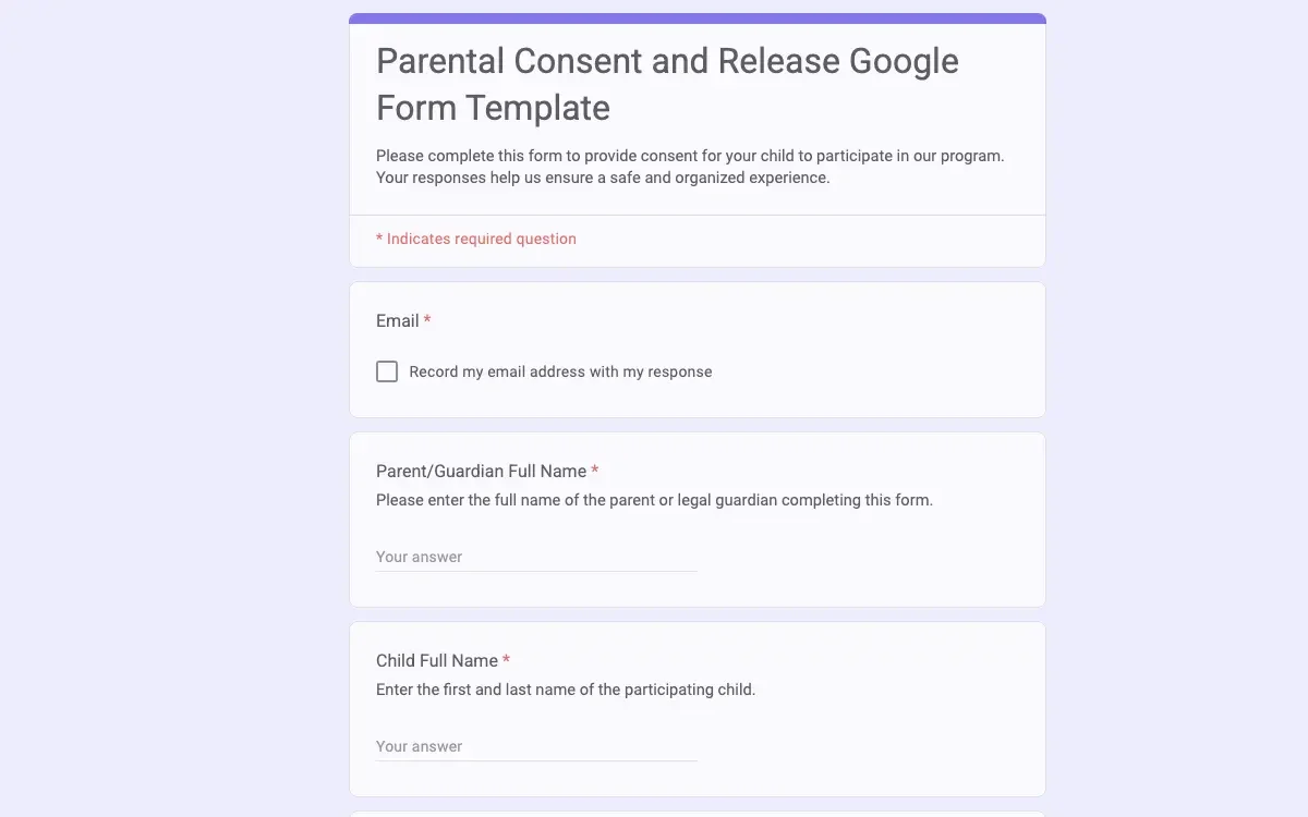 Preview of Parental Consent and Release Google Form Template