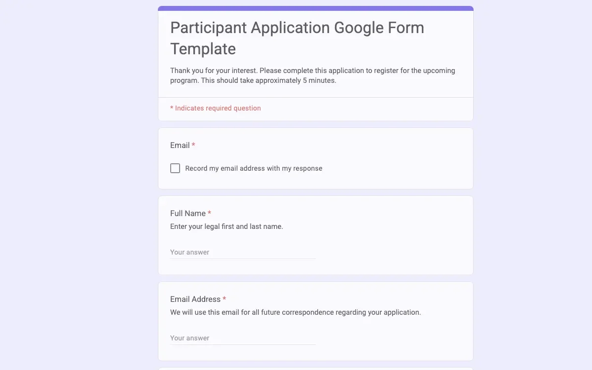 Preview of Participant Application Google Form Template