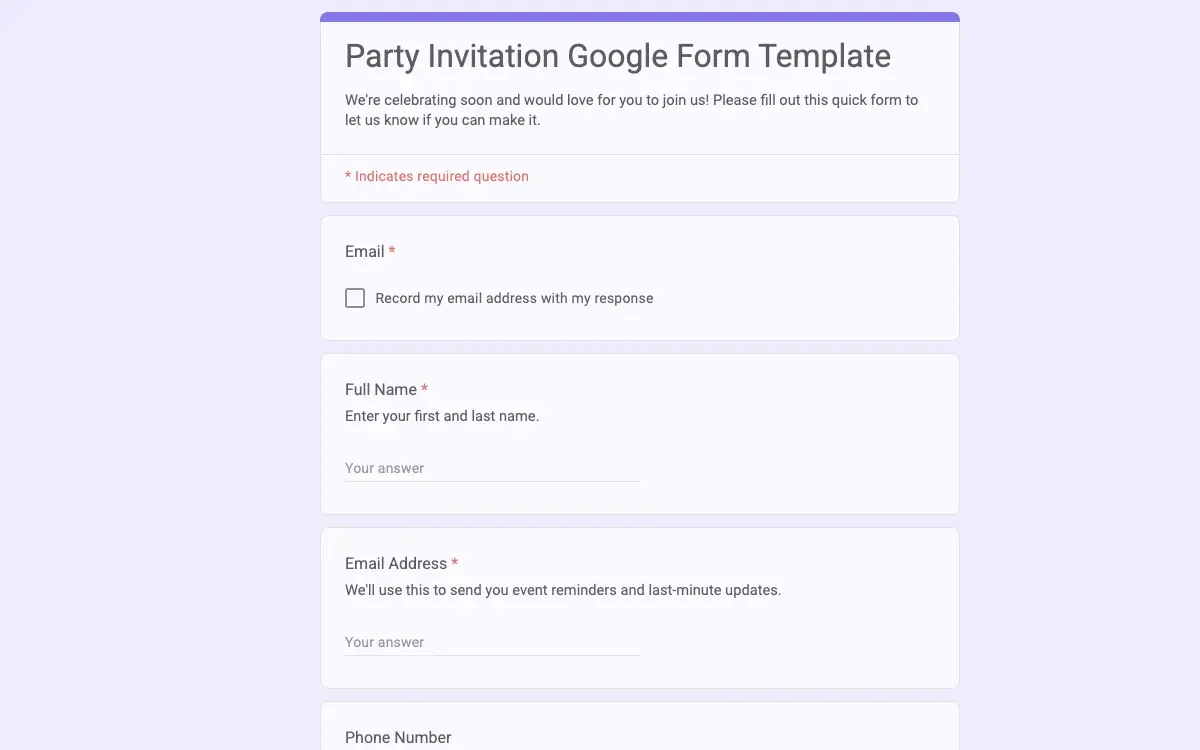 Preview of Party Invitation Google Form Template