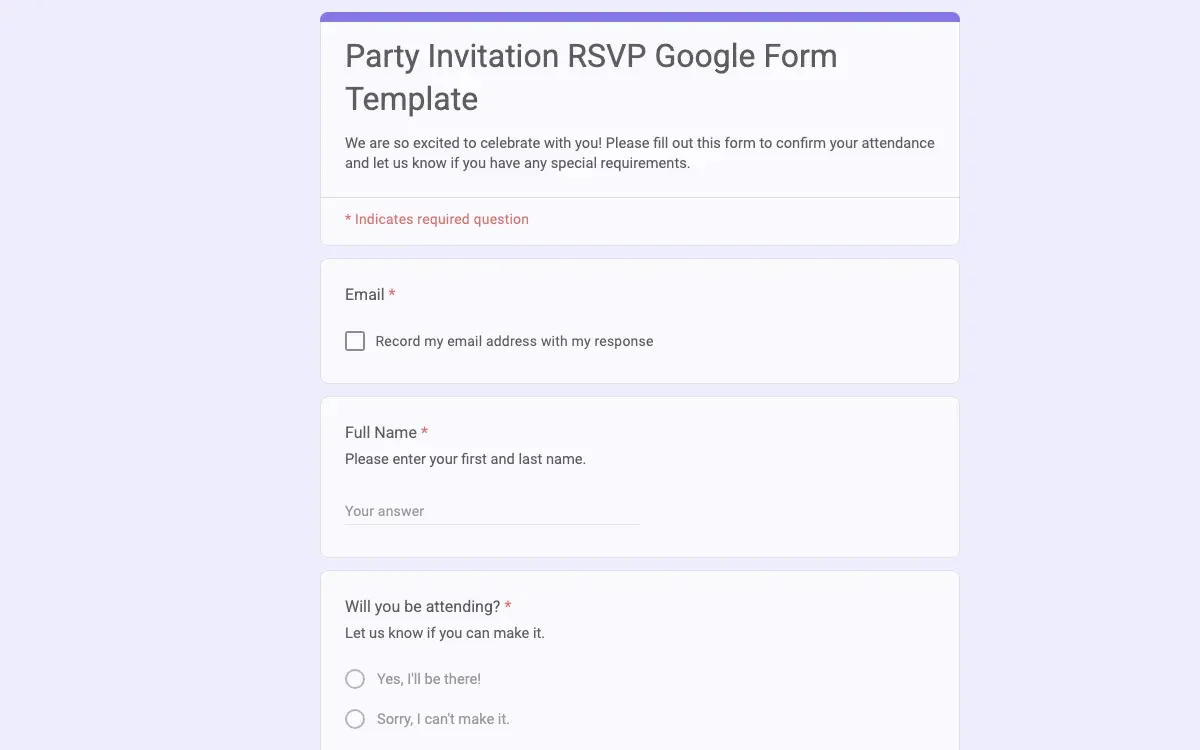 Preview of Party Invitation RSVP Google Form Template