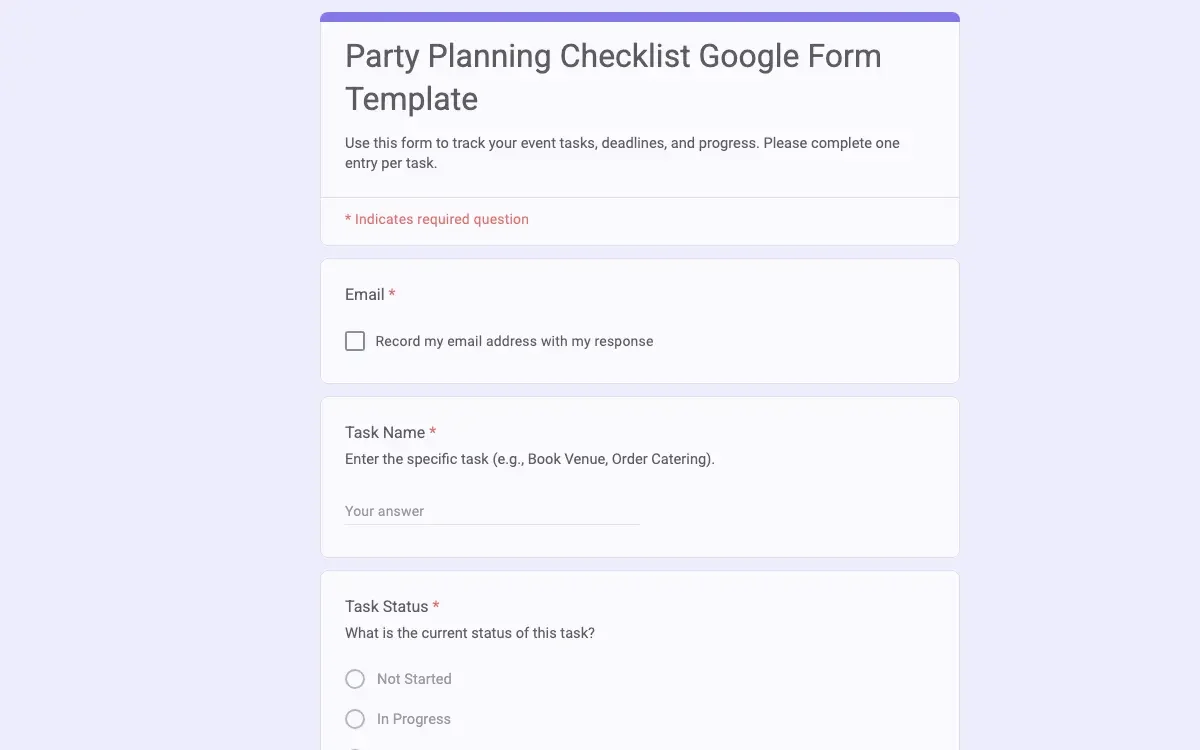 Preview of Party Planning Checklist Google Form Template