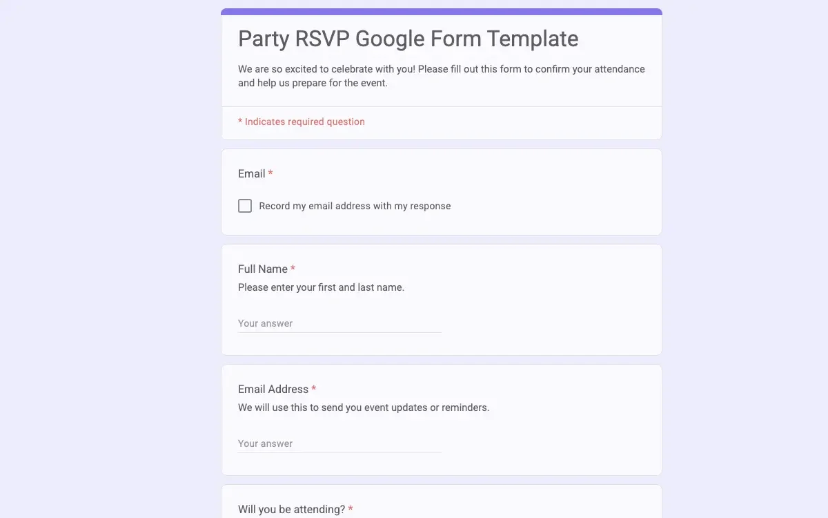 Preview of Party RSVP Google Form Template