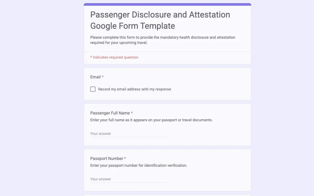 Preview of Passenger Disclosure and Attestation Google Form Template