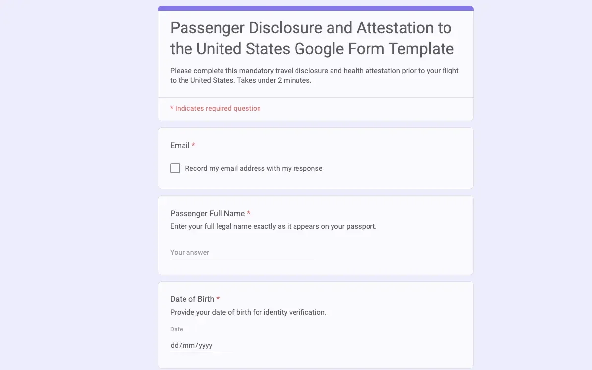 Preview of Passenger Disclosure and Attestation to the United States Google Form Template
