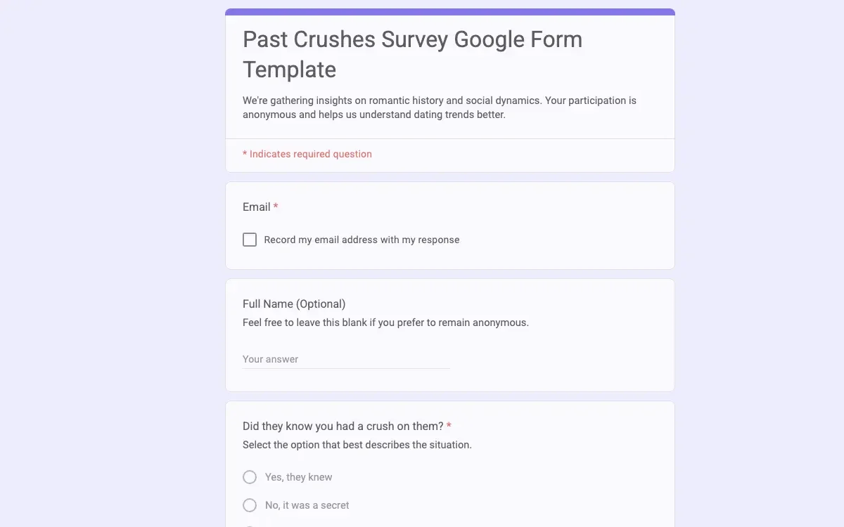 Preview of Past Crushes Survey Google Form Template