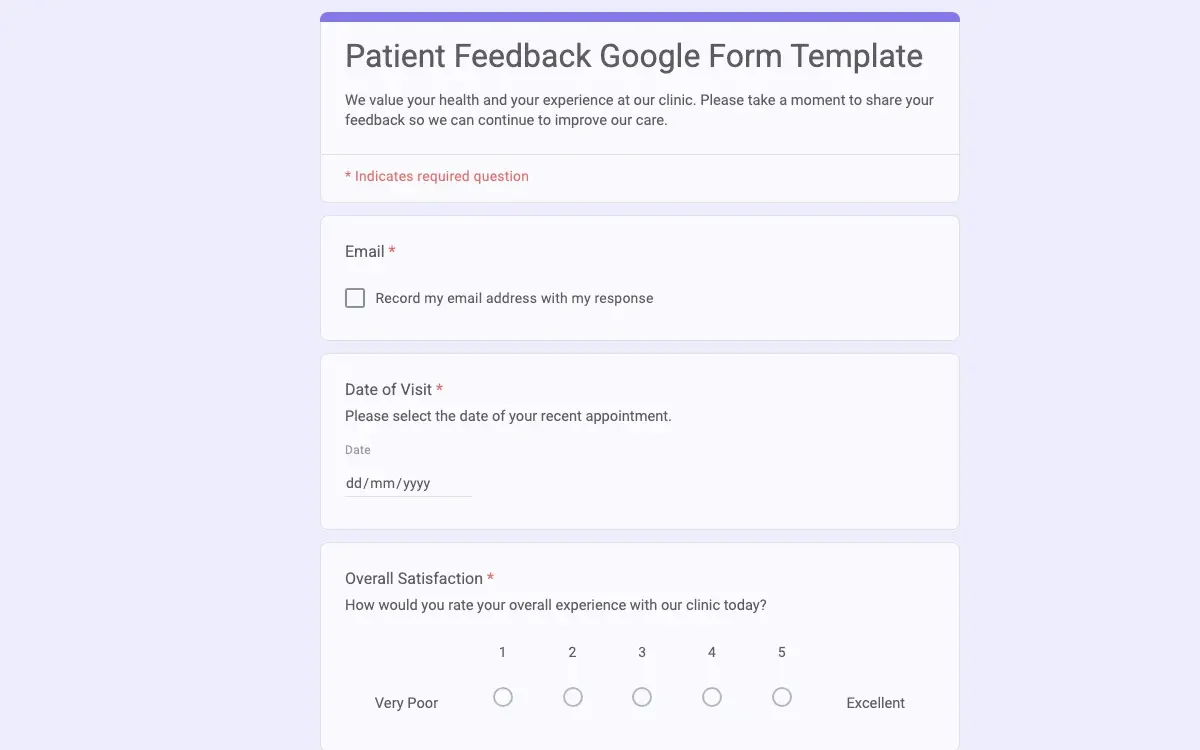 Preview of Patient Feedback Google Form Template