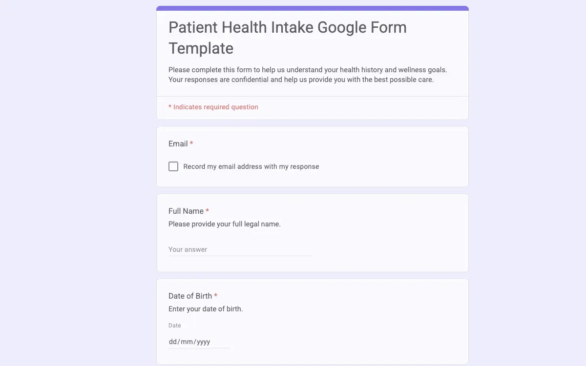 Preview of Patient Health Intake Google Form Template