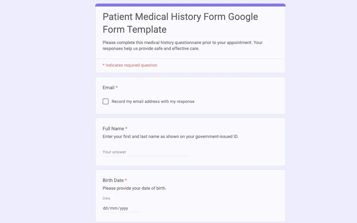 Preview of Patient Medical History Form Google Form Template