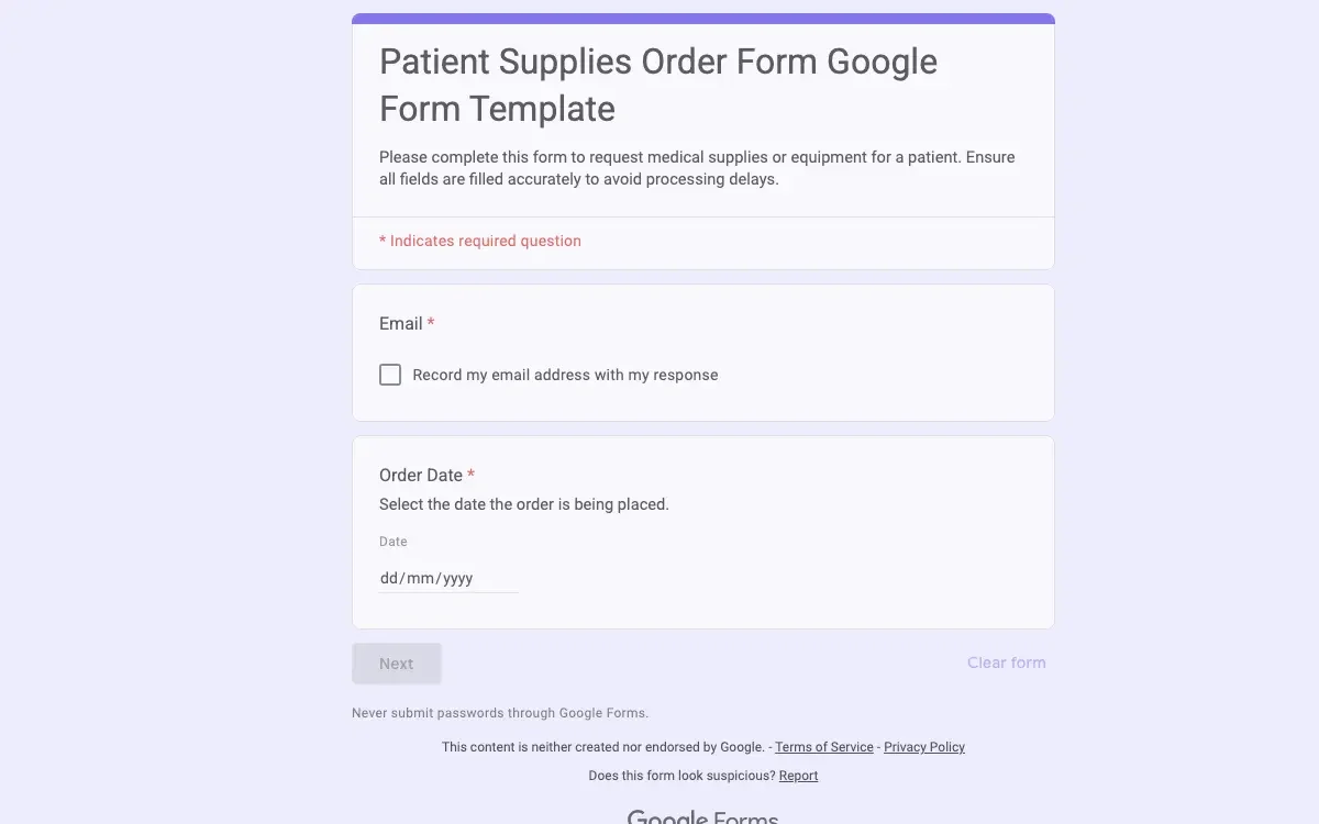 Preview of Patient Supplies Order Form Google Form Template