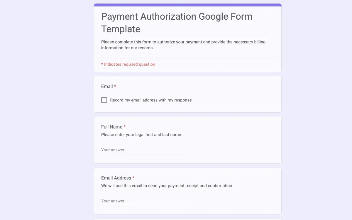 Preview of Payment Authorization Google Form Template