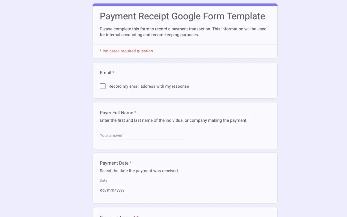 Preview of Payment Receipt Google Form Template