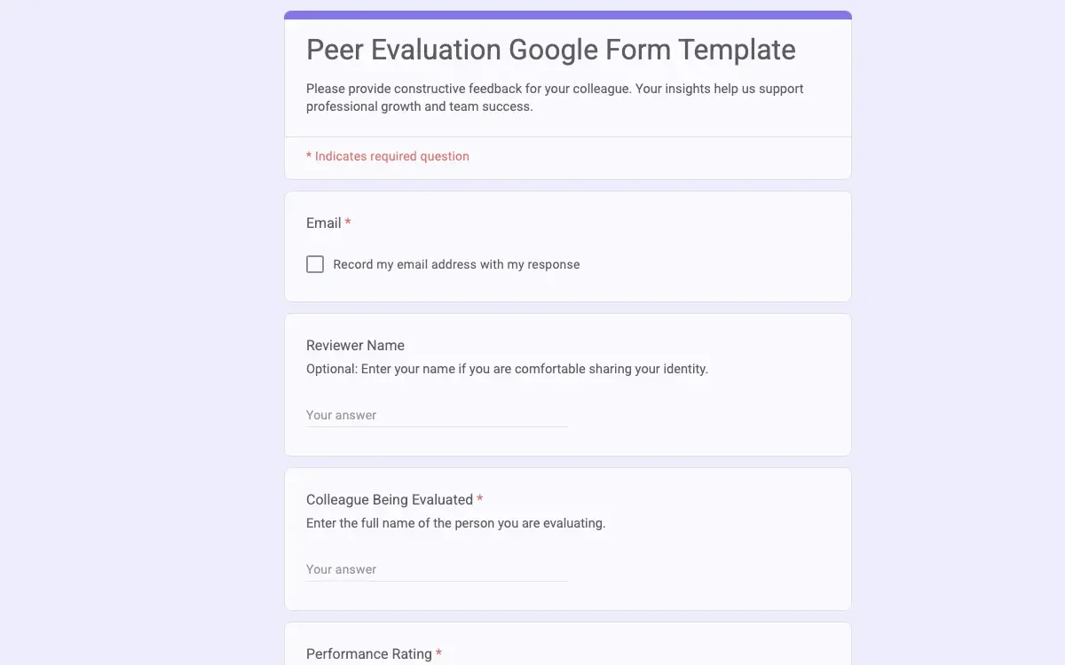 Preview of Peer Evaluation Google Form Template