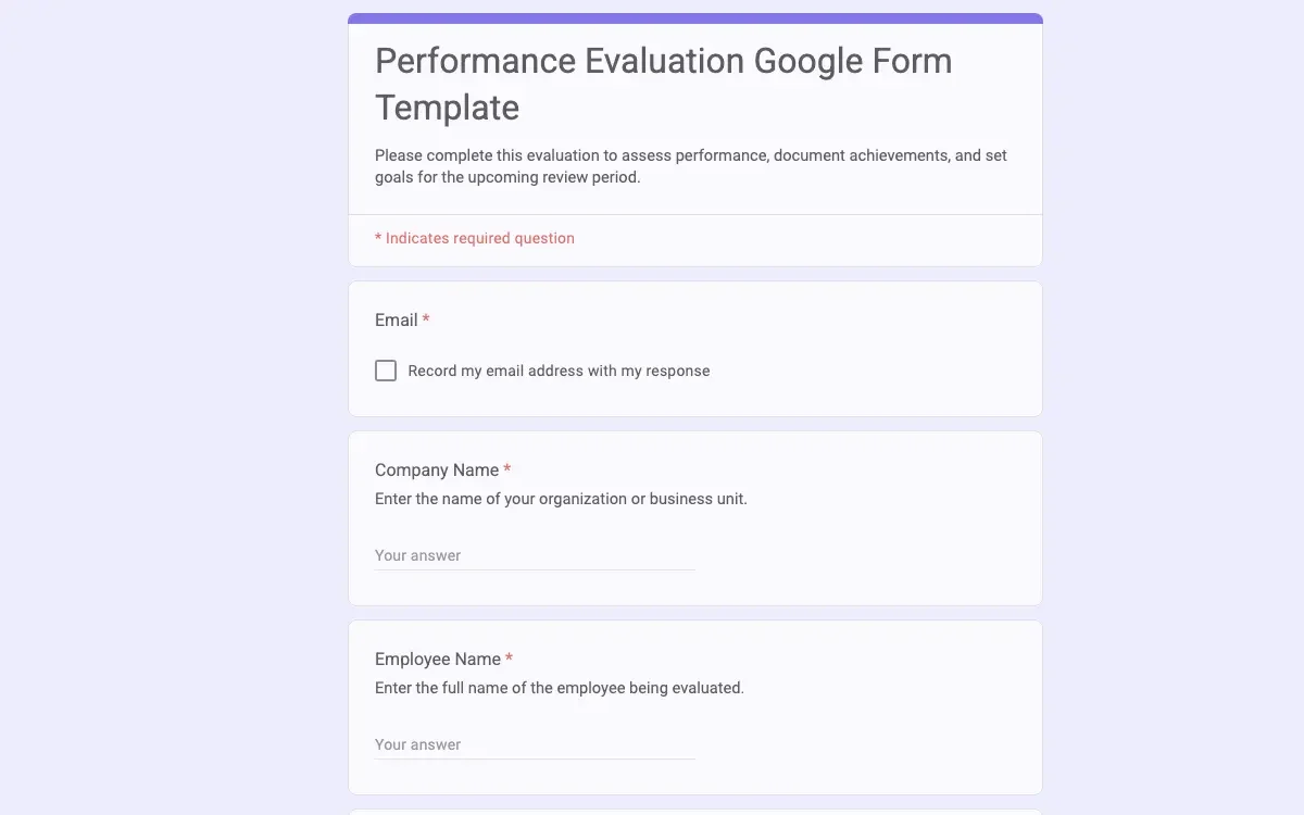 Preview of Performance Evaluation Google Form Template