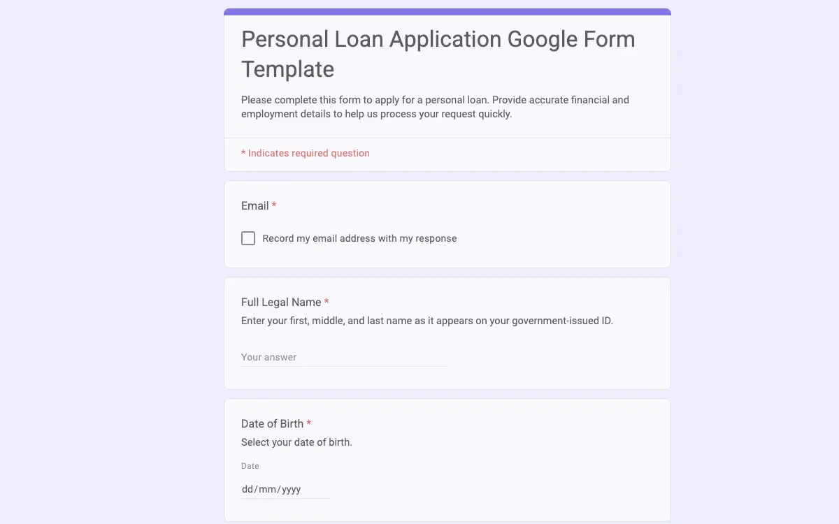 Preview of Personal Loan Application Google Form Template