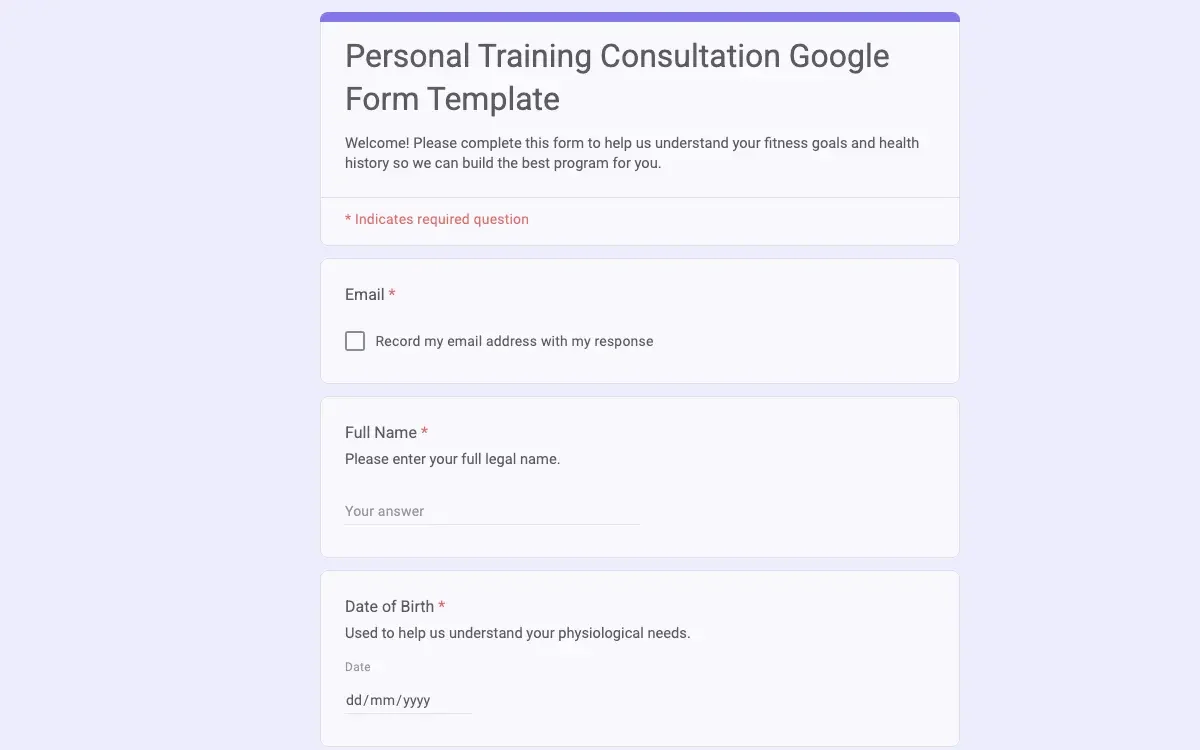 Preview of Personal Training Consultation Google Form Template