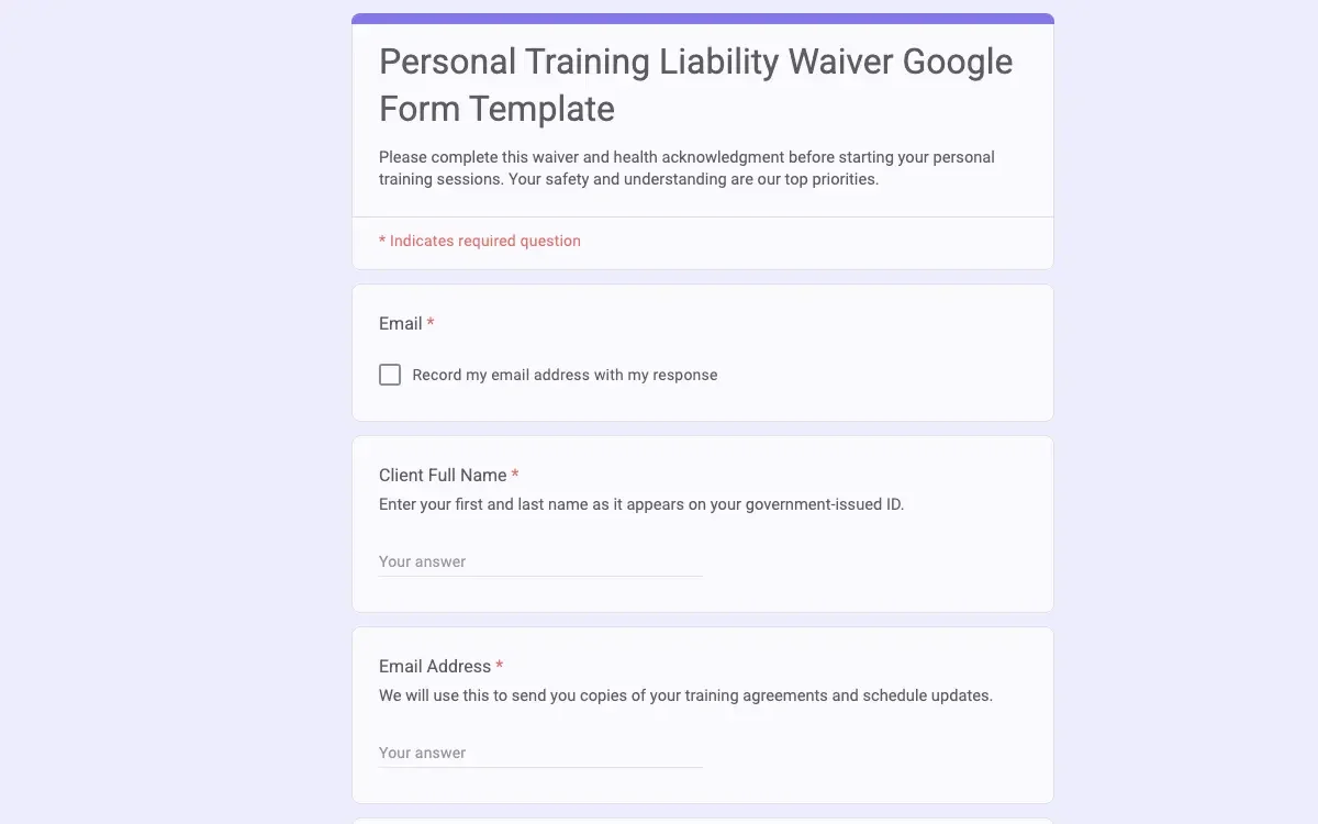 Preview of Personal Training Liability Waiver Google Form Template