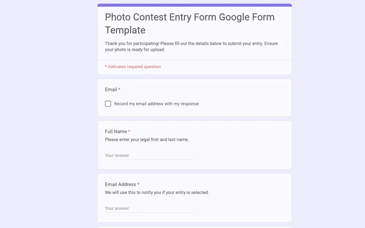 Preview of Photo Contest Entry Form Google Form Template
