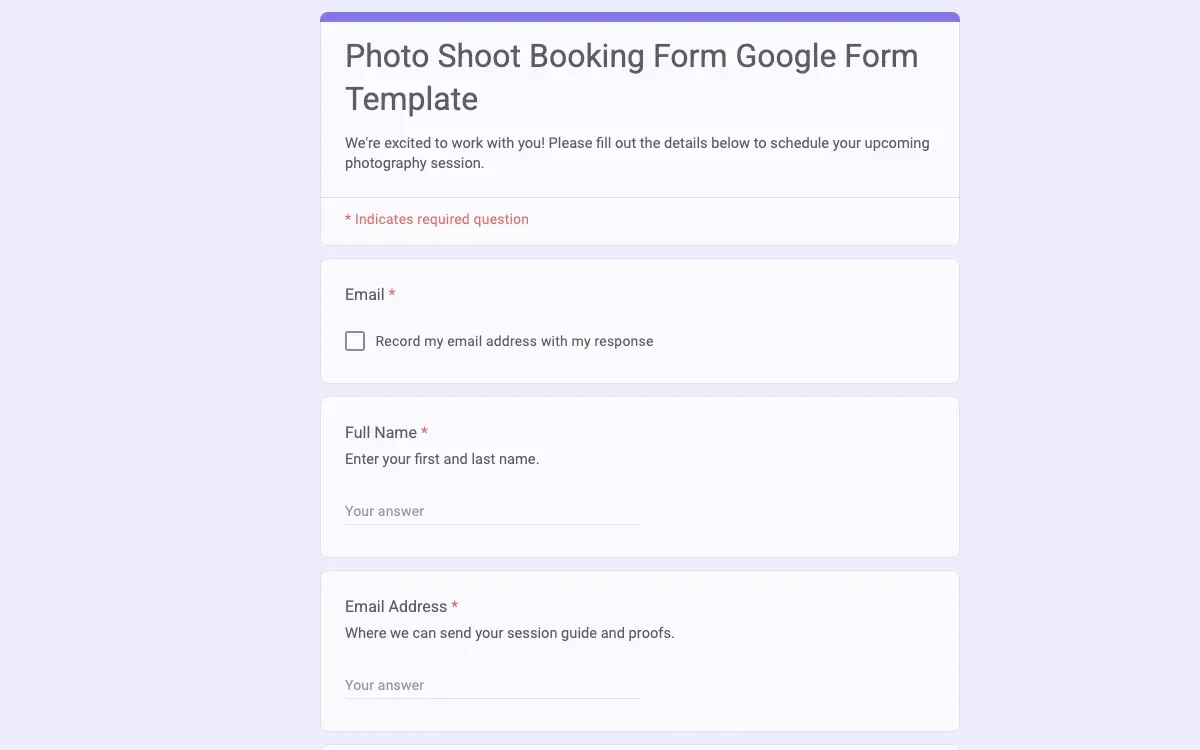 Preview of Photo Shoot Booking Form Google Form Template