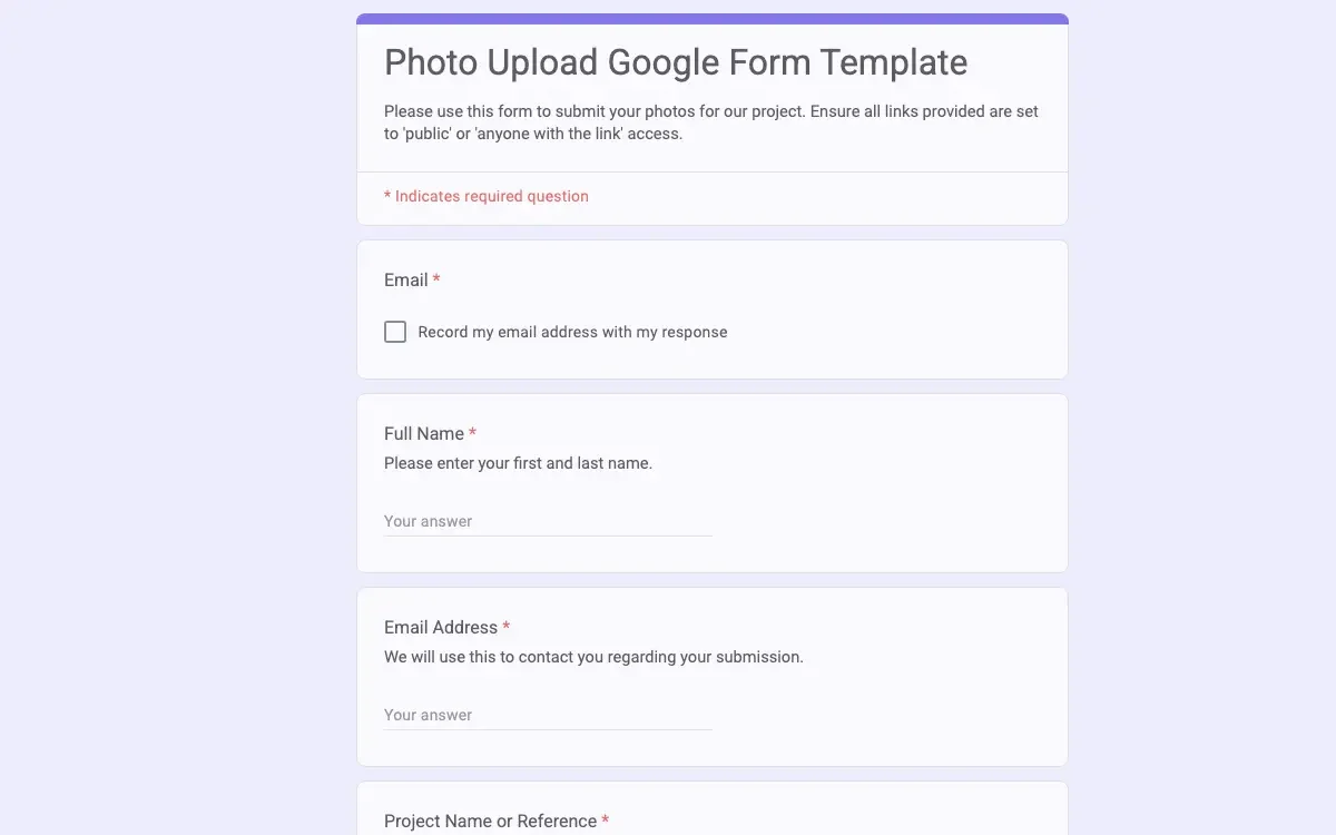 Preview of Photo Upload Google Form Template