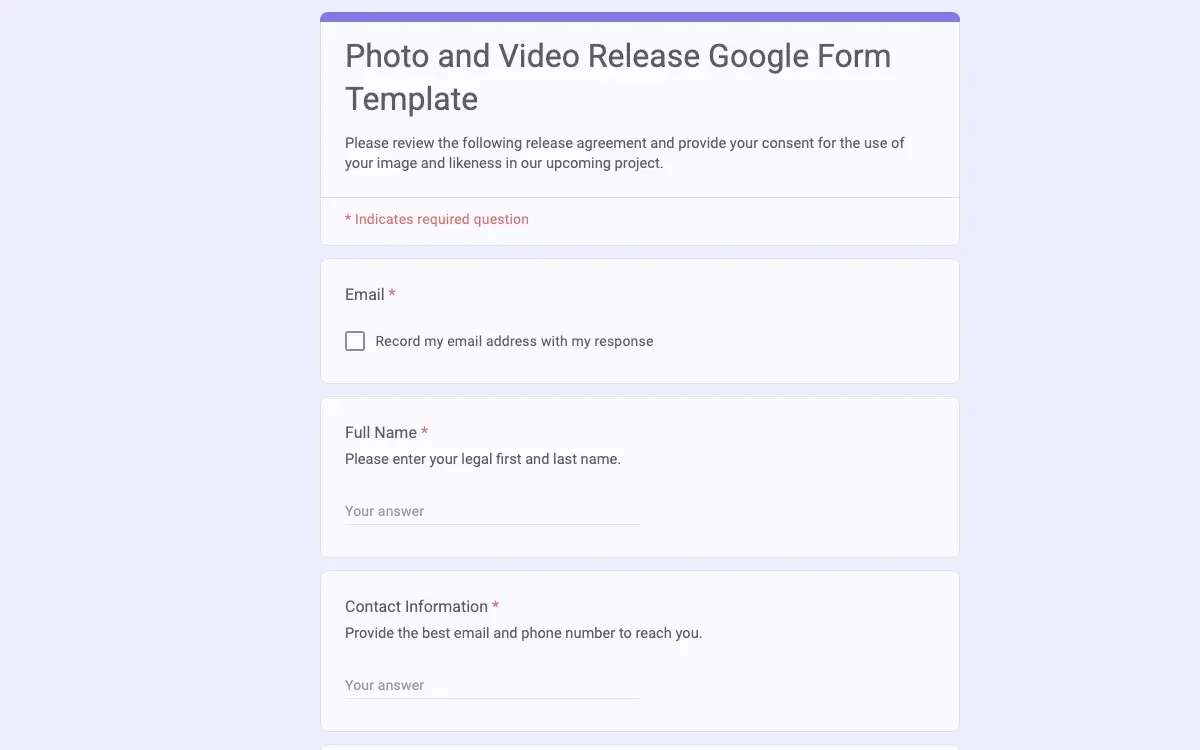 Preview of Photo and Video Release Google Form Template