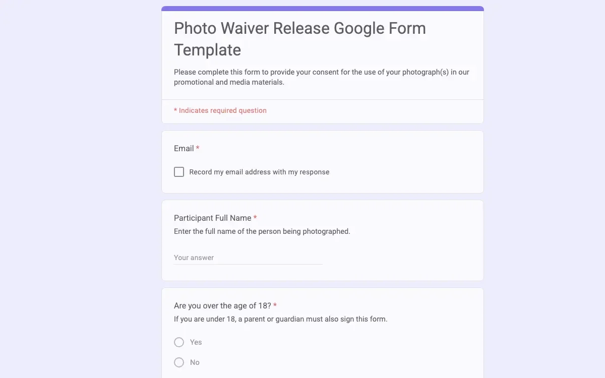 Preview of Photo Waiver Release Google Form Template