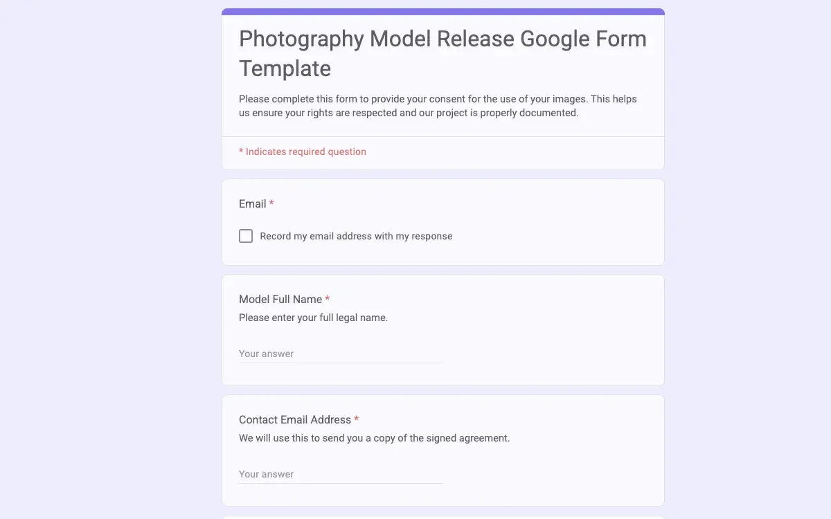 Preview of Photography Model Release Google Form Template