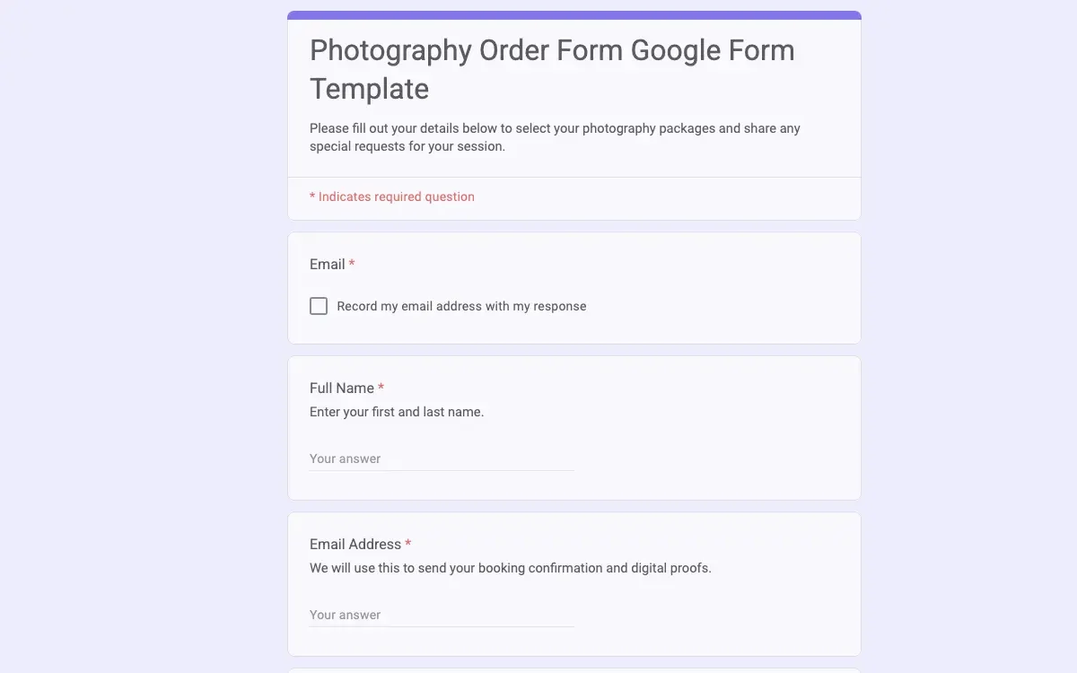 Preview of Photography Order Form Google Form Template