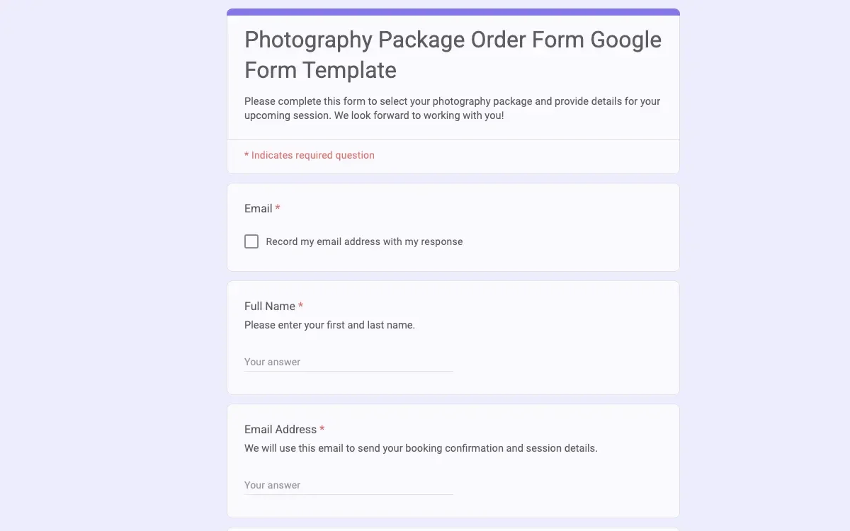Preview of Photography Package Order Form Google Form Template