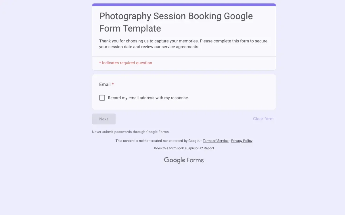 Preview of Photography Session Booking Google Form Template