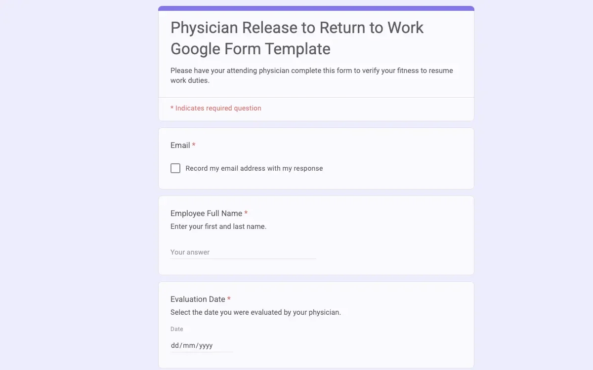 Preview of Physician Release to Return to Work Google Form Template