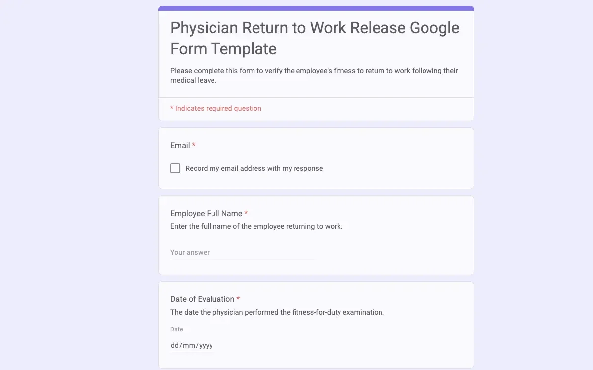 Preview of Physician Return to Work Release Google Form Template