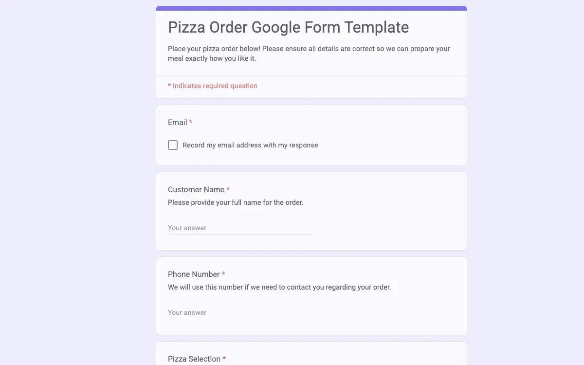 Preview of Pizza Order Google Form Template