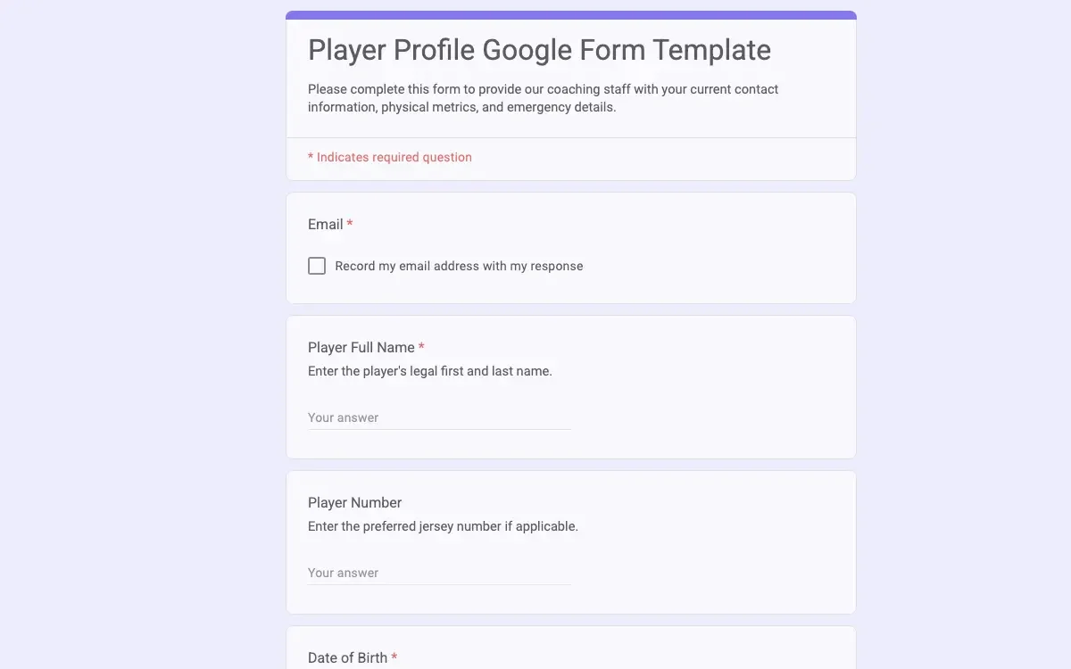 Preview of Player Profile Google Form Template