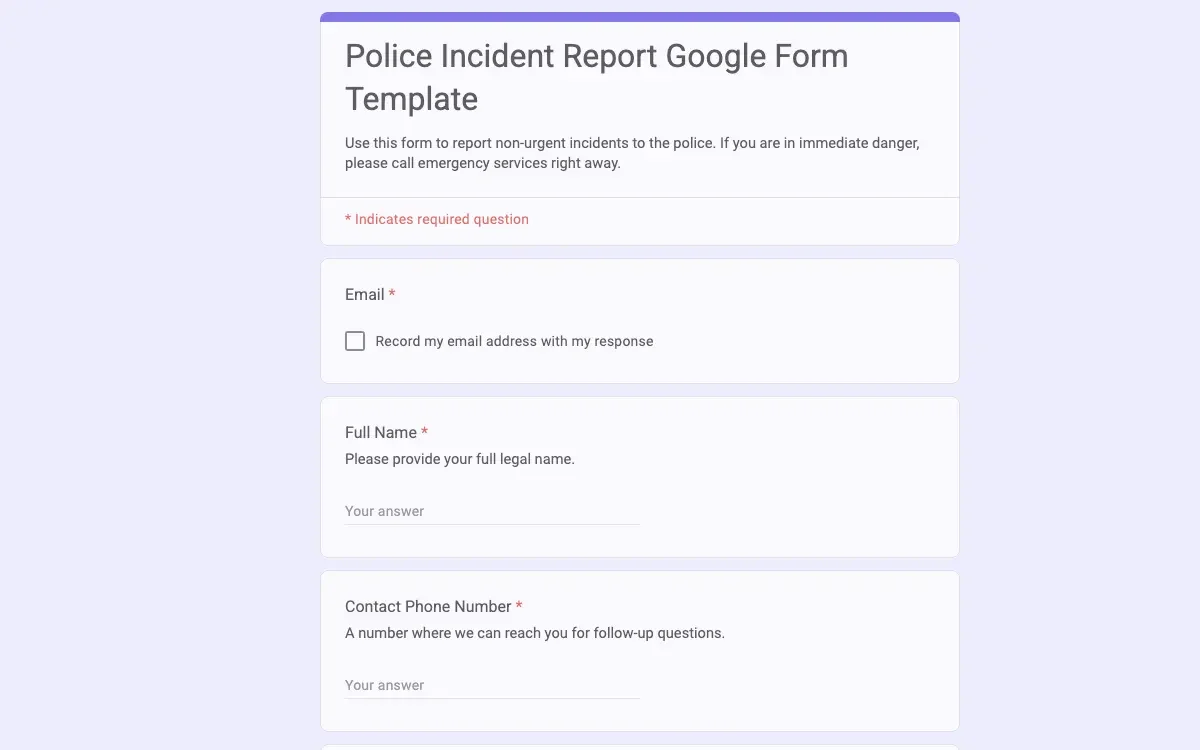 Preview of Police Incident Report Google Form Template