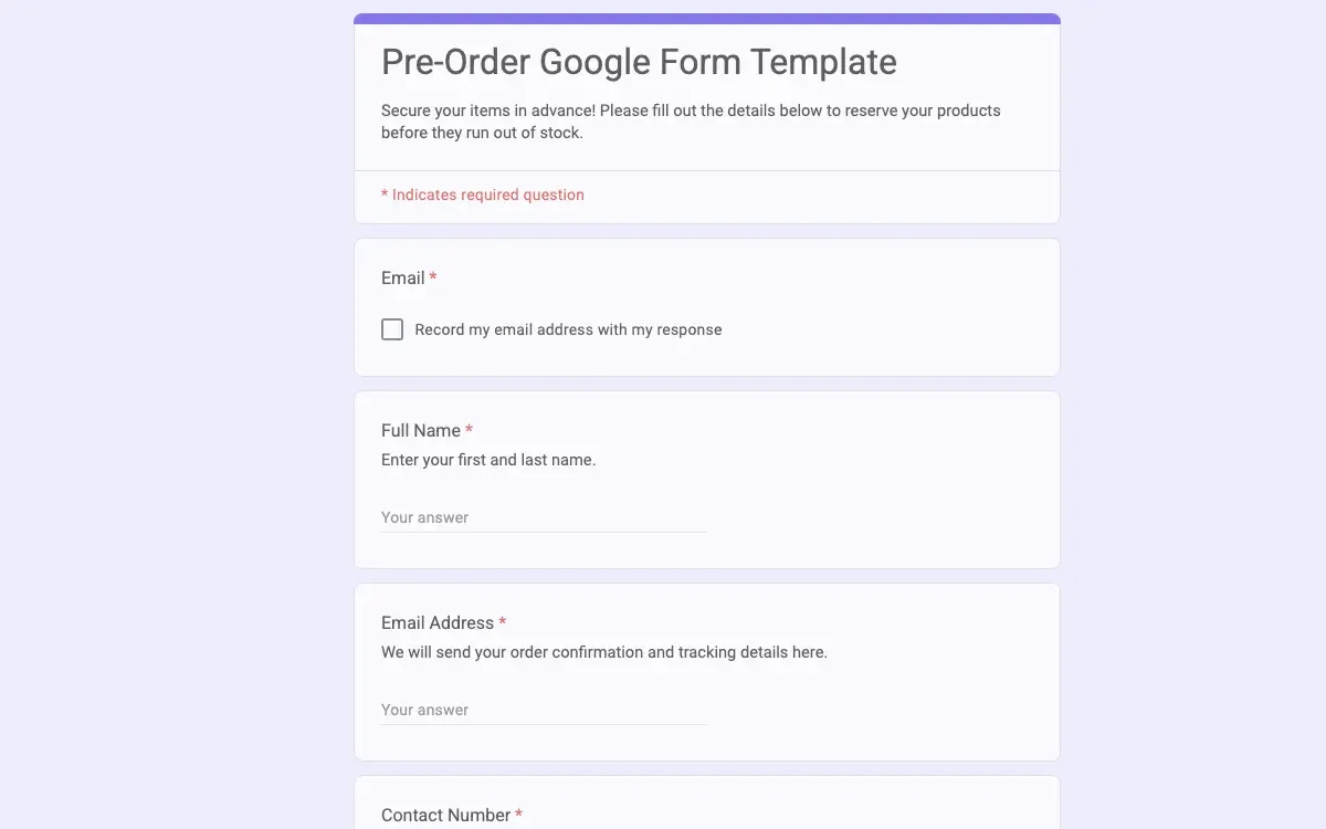 Preview of Pre-Order Google Form Template