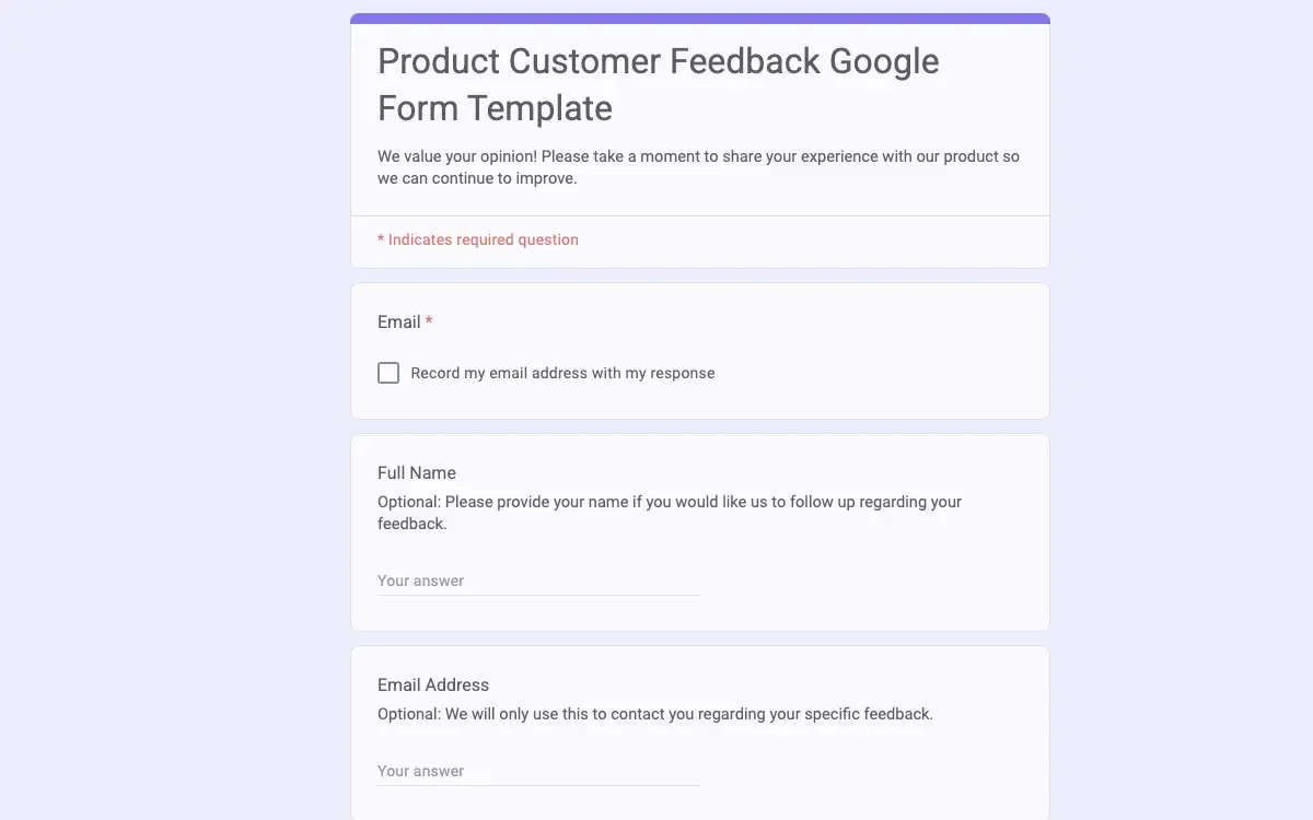 Preview of Product Customer Feedback Google Form Template