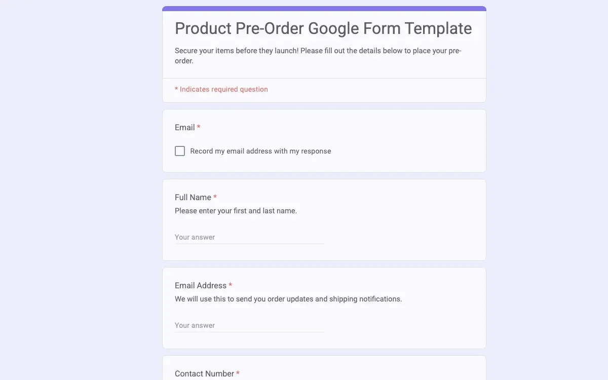 Preview of Product Pre-Order Google Form Template