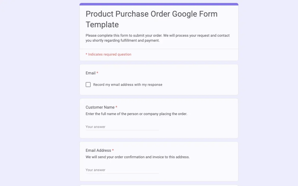 Preview of Product Purchase Order Google Form Template