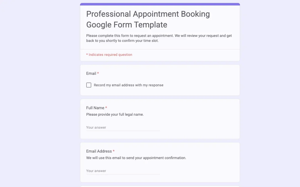 Preview of Professional Appointment Booking Google Form Template